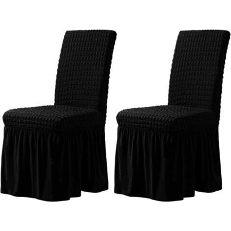 Housses de chaises de salle à manger élastiques, housses extensibles en seersucker avec jupes, housses de chaises pour les cérémonies de mariage à l'hôtel - Noir - Lot de 2 (1/5)