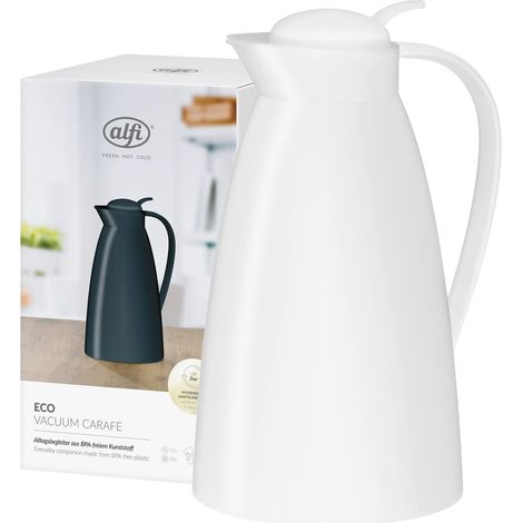 alfi ECO 1,0l,coconut white mat,caraffa thermos con igienico inserto in vetro temprato in plastica,chiusura a vite con pulsante,usabile con una sola mano,ottima come caraffa da caffè e da tè,senza BPA (1/5)