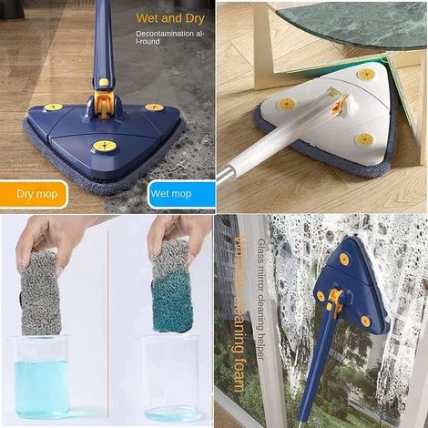 Balai rotatif réglable 360° – Chiffons en microfibre – Fonction compression automatique – Pour sols et plafonds – Design triangulaire (1/4)