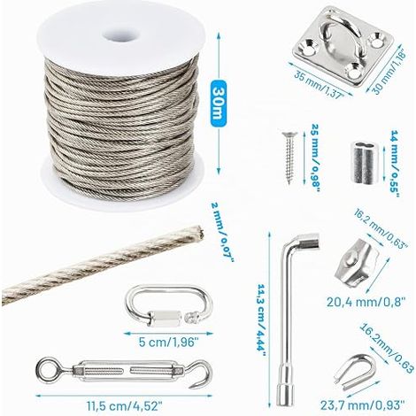 Kit Cable Acier 3mm, 30m Serre Cable Inox 7x7 PVC Gainé avec 4 Tendeur, 20 Boucles, 10 Cosses, 10 Serre Câbles Acier, 4 Crochets Muraux, 4 Mousquetons et Clé, Fil a Linge Extérieur (2mm) (1/4)