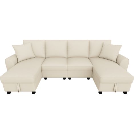 Canapé en U Beige Tissu Chenille Moderne, Canapé d'Angle Modulable avec 2 Méridiennes et Coffre de Rangement, 280x137x84 cm (1/5)