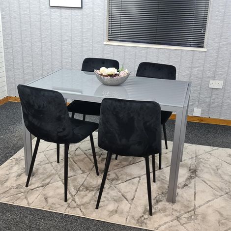 Dining Table and 4 Chairs Grey  Glass 4 Velvet Chairs  Dining Room Furniture (1/5)
