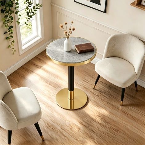 Table d'appoint ronde avec plateau effet marbre et bord doré, piètement métallique noir et or, diamètre 60 cm, hauteur 73,7 cm (1/5)