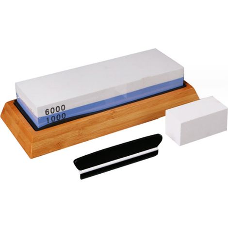Affûteur de couteaux, pierre à aiguiser 2 en 1 grain 1000/6000 avec base en bambou, support antidérapant en silicone et guide d'angle. (1/5)