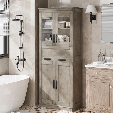Colonne Salle de Bain avec 4 Portes et 1 Tiroir, Armoire Salle de Bain, Étagères Réglables, 60x30x170 cm, GRIS (1/5)