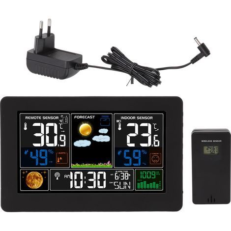 Horloge météo multifonction avec grand écran couleur, affichage de la température, de l'humidité et de la pression atmosphérique, pour l'intérieur et l'extérieur. Prise UE 100-240 V. (1/5)