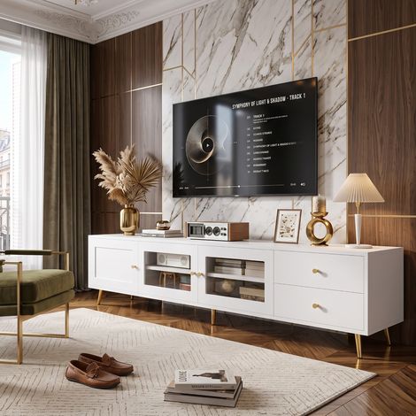 Creahappy Meuble TV 170x40x43 cm avec Portes en Verre et Tiroirs - Grand Rangement Salon - Style Moderne Poignées Métal Doré - Blanc (1/5)