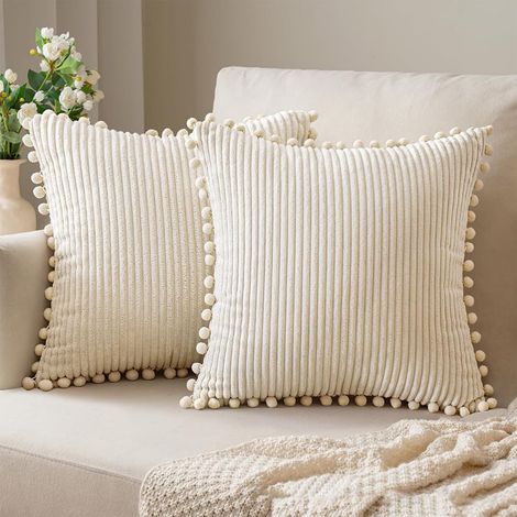 Lot de 2 housses de coussin bohème 50 x 50 cm - Motif rayé - En velours côtelé - Pour canapé, chambre à coucher, salon (1/5)
