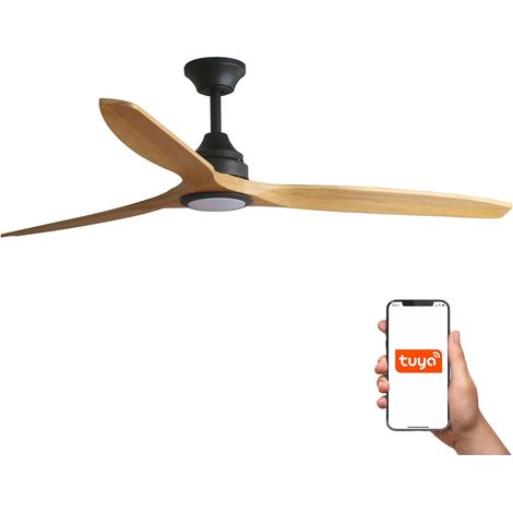 1 Ventilateur De Plafond 3 Lames Noir Mat Bois Éclairage Led Tuya Salon