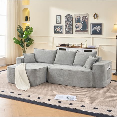 Divano angolare a L 262 cm con chaise longue, in ciniglia grigia, senza montaggio, modello modulare (1/5)