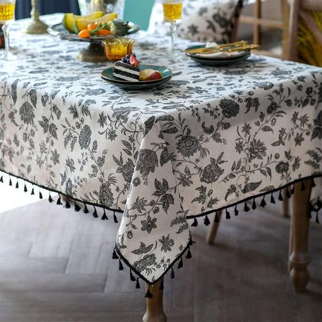 Nappe en coton et lin style bohème, motif floral noir sur fond beige, avec glands et dentelle. Tapis de table anti-poussière pour cuisine maison, fêtes et repas (Fleur noire, rectangle, 60"x84") (1/4)