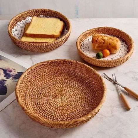 3 pièces Panier de Rangement Rond en Rotin, Corbeille de Fruits en Osier, Organisateur Tressé Naturel pour Cuisine / Salle à Manger (1/4)