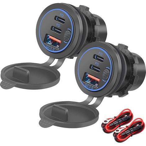 Prise USB 12 V, 75 W, PD et QC3.0 pour Moto, 12-24 V Prise USB étanche Encastrable avec Interrupteur et lumière LED Bleue, pour Voitures, Bateaux, Camions, Caravanes, Motos(2 Pièces) (1/5)