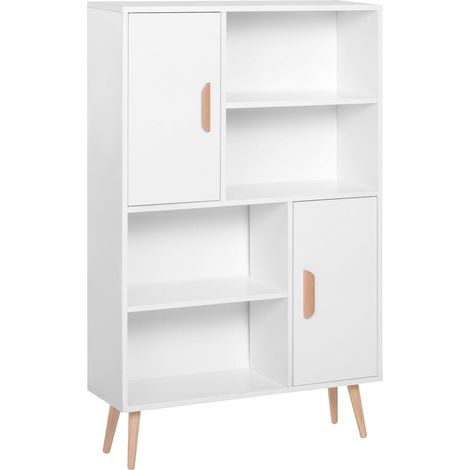 Librería escandinava con 4 nichos + 2 armarios con estantes, dimensiones 80 cm de largo x 24 cm de ancho x 123 cm de alto. Patas inclinadas y cónicas. Madera maciza y aglomerado. Color blanco. (1/5)