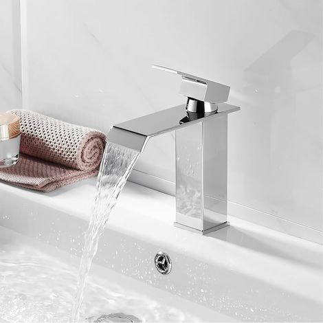 Waterfall Bathroom Faucet, Single Lever Mixer Tap, Water Saving, Hot and Cold Water, Washbasin Brass and Stainless Steel Construction (Chrome) (1/5)