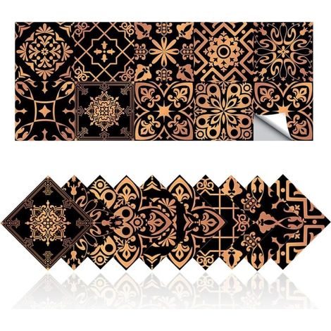 Autocollants Carrelage, Carrelage Adhesif Mural Stickers Rétro Or Noir pour Cuisine de Salle de Bain, Décoration Auto-adhésive en PVC étanche à l'huile Style Marocain (20,15x15cm) (1/4)