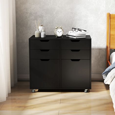 Commode à 4 Tiroirs avec 2 Portes Meuble de Rangement Mobile en Bois avec 5 Roues Universelles Support avec Rangement Noir (1/5)