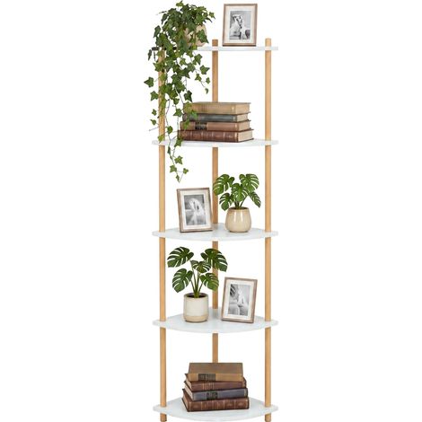 Relaxdays Corner Shelf, HxWxD: 143.5 x 38 x 25 cm, 5 Shelves, Living Room, MDF, Bamboo, Corner Shelf, White/Natural (1/5)
