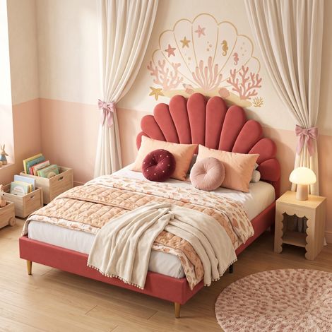 Superaly Lit Double Capitonné 140x200 cm, Tête de Lit en Forme de Pétale, Installation Facile, Style Nordique Moderne, Sommier à Lattes, Lit Fille pour Adultes et Adolescents, Velours, Bordeaux red (1/5)