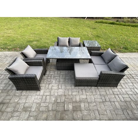 Fimous Rattan Garden Furniture Sets 7 Seater Patio Outdoor Rising Lifting Table Sofa Set with Double Seat Sofa Side Table Big Footstool Dark Grey Mixed (1/5)