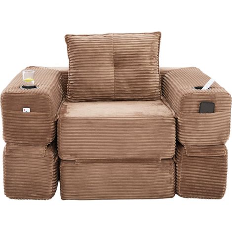 CHICFURN Sofá cama 122x198 cm pana acanalada marrón con portavasos, ahorro de espacio (1/5)