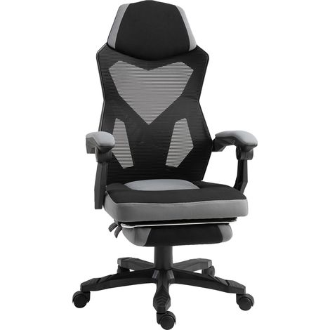 Vinsetto Gaming-Bürostuhl, verstellbare hohe Rückenlehne, Schwenkrollen, Fußstütze, Netzgewebe, 58 x 63 x 112–122 cm (H), Grau/Schwarz