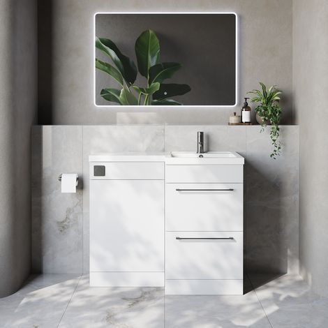 Napoli 390 Gloss White 1000mm 2 Drawer Vanity Unit Toilet Suite with Right Hand Square Lucia Basin - 1000mm - Gunmetal Grey 320mm HandleWithout Kingston Toilet Pan