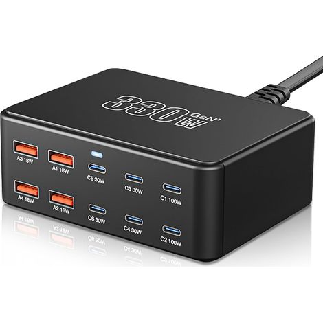 330W Chargeur USB-C, 10 Ports Chargeur Rapide GaN III avec 6 Ports USB-C et 4 Ports USB-A, Chargeur PD PPS 100W pour Ordinateur Portable, Adaptateur Compatible avec Mac-Book/i-Pad Pro/Air(EU)
