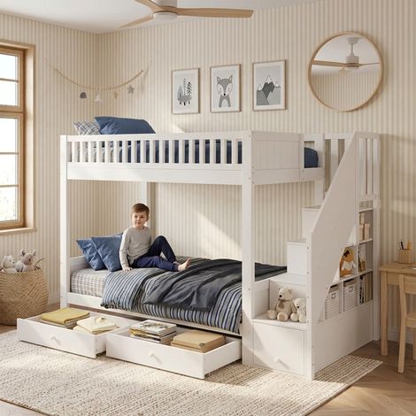 Litera infantil 90x200 cm blanca, con escalera de almacenaje y 2 cajones, estructura de madera, sin colchones (1/5)
