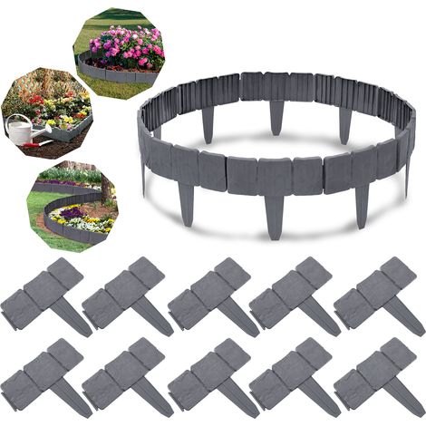 AUFUN Bordure de jardin en plastique de 10m en polypropylène, aspect pierre, bordure de lit de tonte,1 élément LxHxP : 25x23x1cm, Anthracite (1/4)