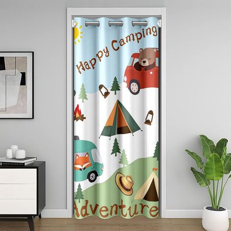 Rideau de porte de camping-car de dessin animé - Motif renard mignon - Arbres d'animaux - Plante Blackout - Rideau de porte pour porte d'armoire, Happy Camping Red RV Trailer Porte Fenêtre - 203.00 x  (1/5)