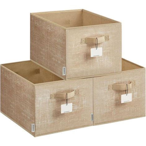 Lot de 3 paniers de rangement pliables 40 x 30 x 24 cm avec 2 poignées style moderne déco chambre en tissu beige (1/2)