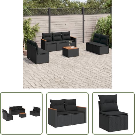 The Living Store Salon de jardin 8 pcs avec coussins noir résine tressée - Ensemble Salon De Jardin - Mobilier De Jardin - Canapé Extérieur - Table Basse Extérieure - Chaise Lounge (1/5)