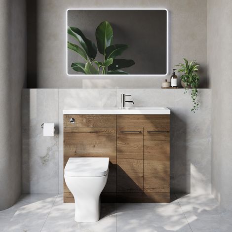 Napoli 250 Tobacco Oak 1000mm 2 Door Vanity Unit Toilet Suite with Square Silvo Basin - 1000mm - Chrome 160mm HandleWith Kingston Toilet Pan and Seat