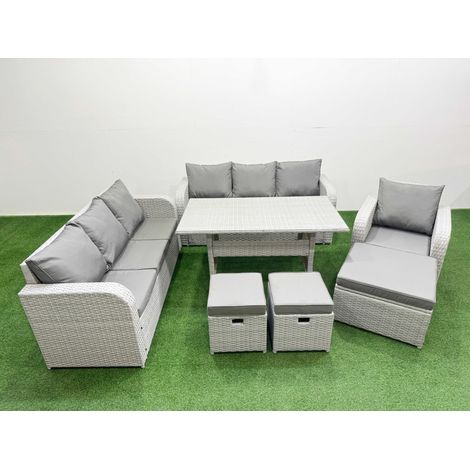 Fimous 10 Seater Poly Rattan Outdoor Garden Furniture Rectangular Dining Table Sofa Set Patio 3 Seater Sofa Reclining Chair 3 Seater Sofa 3 Stools Light Grey (1/4)