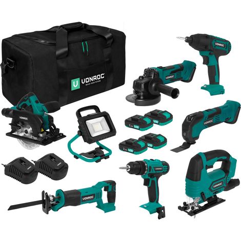 Vonroc – Pack d'outils électroportatifs 20V – Perceuse à percussion, scie sauteuse, multi-outil, meuleuse, scie circulaire, visseuse, scie à métaux – 4x batterie 2.0Ah (1/5)