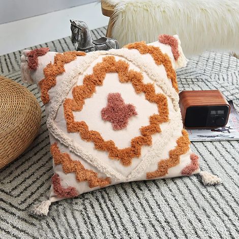 Housse de coussin décorative tissée à motif losanges, style campagnard, pour canapé ou salon. (1/5)
