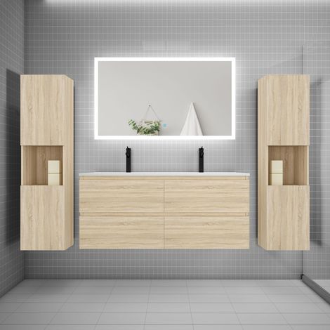 Ensemble meuble de salle de bains 120cm, double vasque + colonne + LED miroir rectangulaire,chêne (1/5)