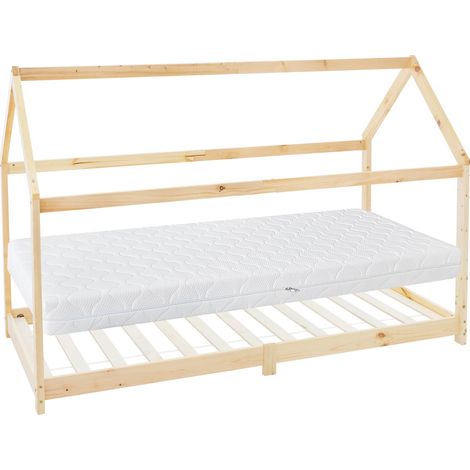 ML-Design Kinderbett 90x200 cm Natur mit Matratze H:16 cm, Dach und Lattenrost, Hausbett für Mädchen/Jungen, Kinderhaus aus Kiefernholz, Bodenbett Jugendbett Kinder Bett Bettenhaus Spielbett Holzbett