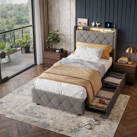 Lit 90x200 avec Sommier LED et USB, Lit capitonné avec 2 Tiroirs de Rangement, Lit Simple avec sommier à Lattes, Lit 1 Place pour Enfant Adolescent, sans Matelas, Gris (1/5)