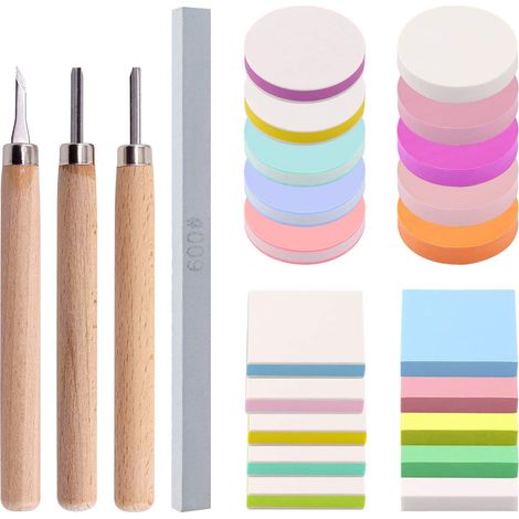 22-Piece 50mm Flat, Round, and Square Rubber Stamp Carving Blocks with 3 Carving Knife Tools and Stone Polishing Knife Kit, Double-Sided Removable Printing Carving Block for Scrapbooking (1/5)