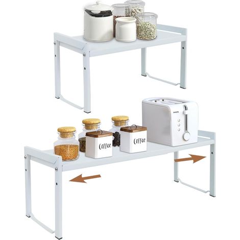 Lot de 2 - Étagère Cuisine Extensible - Rangement Épices Réglable - Organisateur Placard et Comptoir Empilable pour Assiettes et Bols - Blanc - 35x66 cm