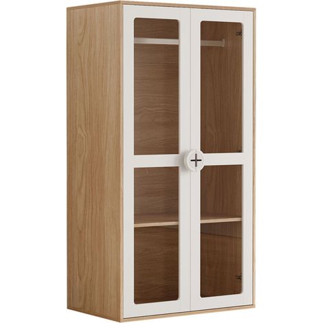 Armoire enfant 80x50x150 cm - 2 portes en acrylique - Avec tringle à vêtements - Étagères réglables - Blanc+naturel (1/5)