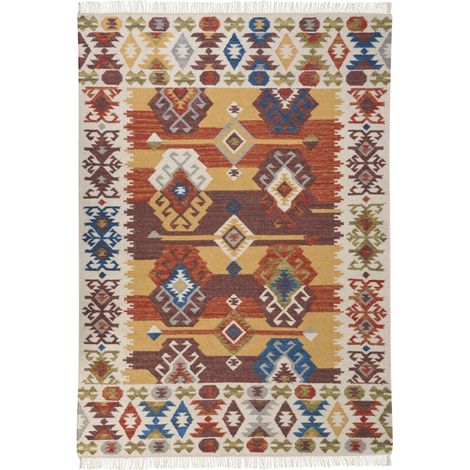 Boho Area Rug Kilim Handmade 160 x 230 cm Wool with Tassels Multicolour Vosketap (1/5)