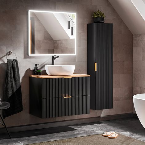 Ensemble meuble simple vasque 80cm et colonne Adriel Noir et Bois (1/5)