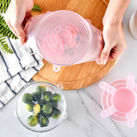 Lot de 6 couvercles extensibles réutilisables en silicone rose pour la conservation des aliments et des fruits dans les bols. (1/5)
