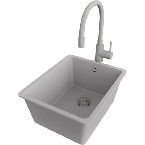 PRIMAGRAN Evier Cuisine en Granit 36x44cm,Lavabo 1 bac + Robinet 38x14cm + Kit de Vidage, Évier à Encastrer au meuble 40cm - Venise Slim Easy, Gris (1/5)