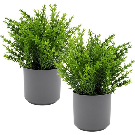 Kunstpflanzen Arragement 22 cm im grauen Topf - 2er Set - Künstliche Grünpflanzen mit Blumentopf