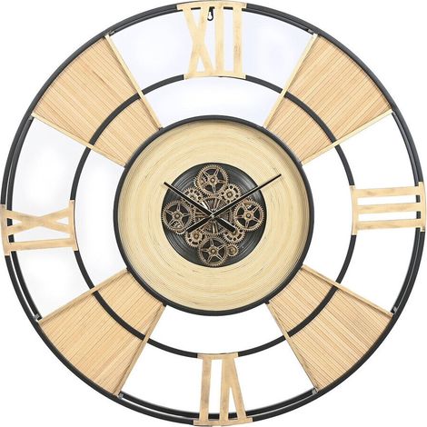 Horloge murale métal et rotin style loft naturel et noir - Naturel bois clair et noir (1/5)