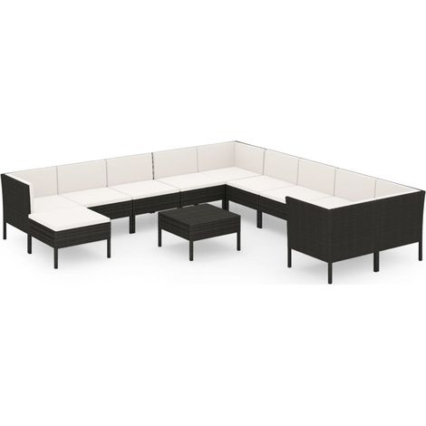 Set mobili da giardino 12 pz con cuscini in polyrattan nero 020015666